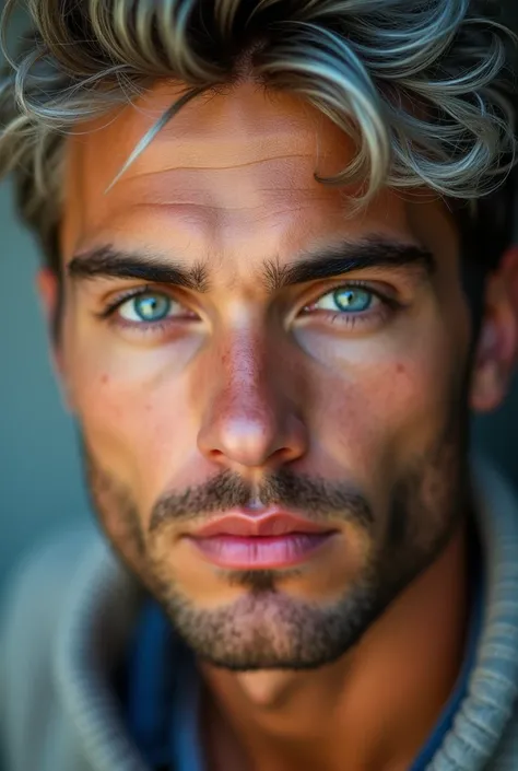 "Close-up of the face of a man of 25-30 years old, European appearance, with expressive features and well-groomed skin. He has clear cheekbones and a square chin, his eyes are light blue with a deep look, his eyelashes are dark and thick. His hair is color...