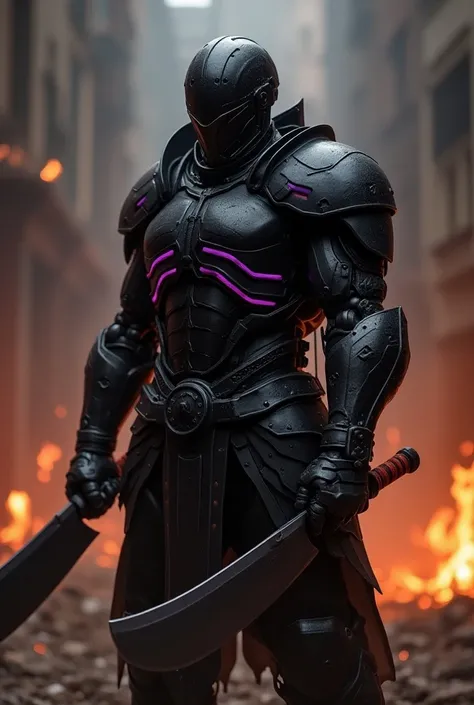 A helmet-wearing machete humanized Mechanic warrior style ，Dark elements ， Black metal armor with purple line details ， in a dark and burning place 