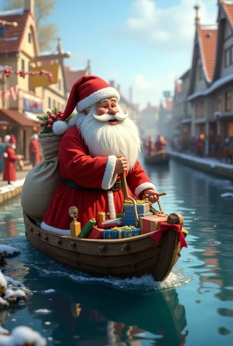 Happy interklaas arriving on a boat with gifts and school supplies