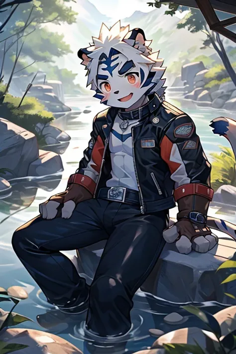 Kogenta (Onmyou Taisenki), Furry 1 White Tiger,Shota,(,Tiger Tail,Prototype White Tiger,Thick eyebrows,Moderately strong body),Wearing a one-piece racing leather jacket( long sleeve leather jacket, Leather Pants ),, Racing Gloves ,Racing Boots (Motorcycle ...