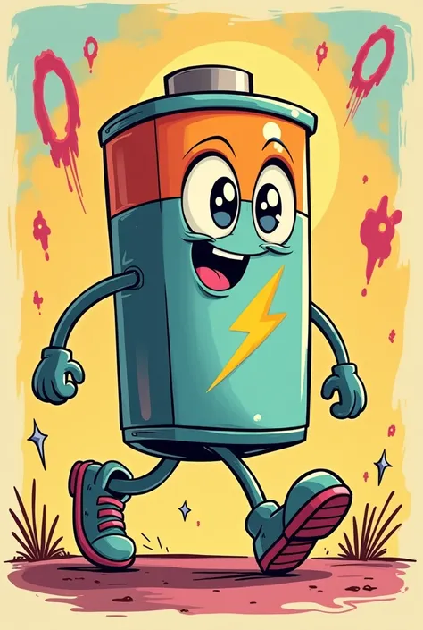 90s style 2d drawing of an electric battery walking 90s cartoon