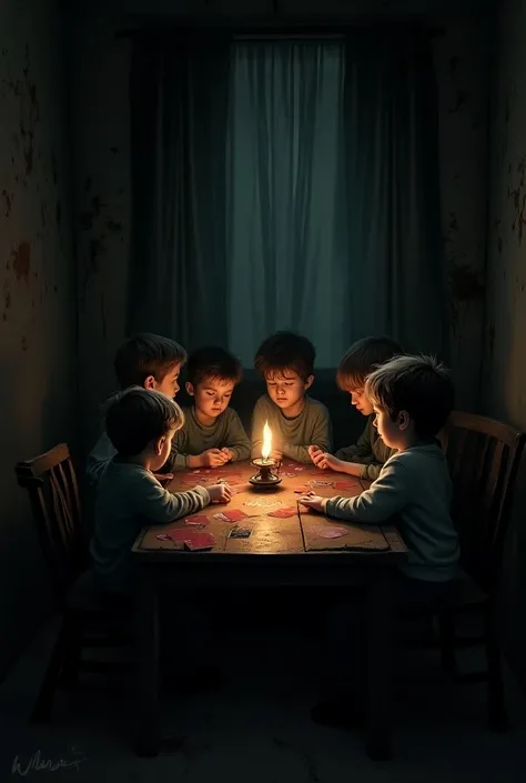 4 boys and 3 girls playing cards inside a horror house 