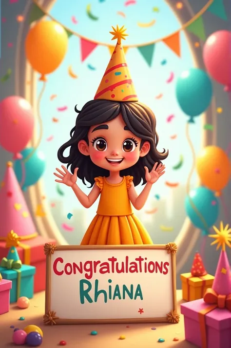 Create a cartoon image of a girl at her 5th birthday party with a sign that says Congratulations Rhiana