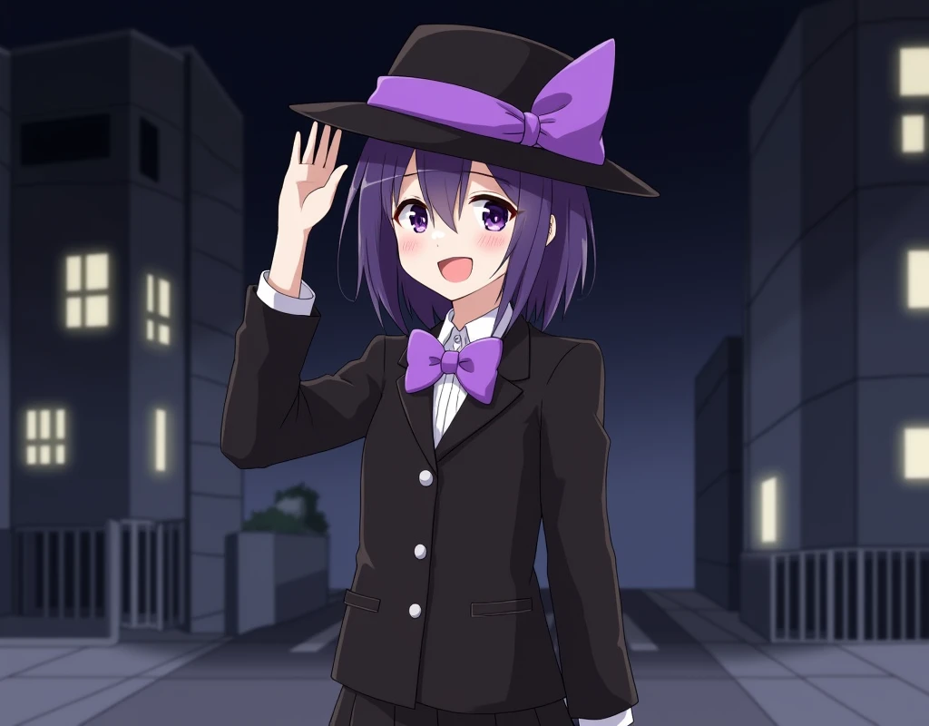 1girl, solo, black hat with purple stripe, black suit, laugh, bow on hat, bow tie, black skirt, purple shoulder length hair, purple eyes, minimalistic, night city,