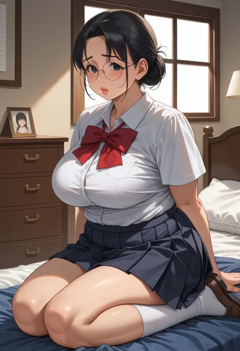 (1girl:1.3), Masterpiece, Best quality, amazing beauty, 4K, absurdres, finely detail, super detailed eye, perfect anatomy, official art, cinematic lighting, BREAK, (((bedroom:1.5))), hair bun, (black hair:1.5), super shiny detailed black eye, (((tareme))),...