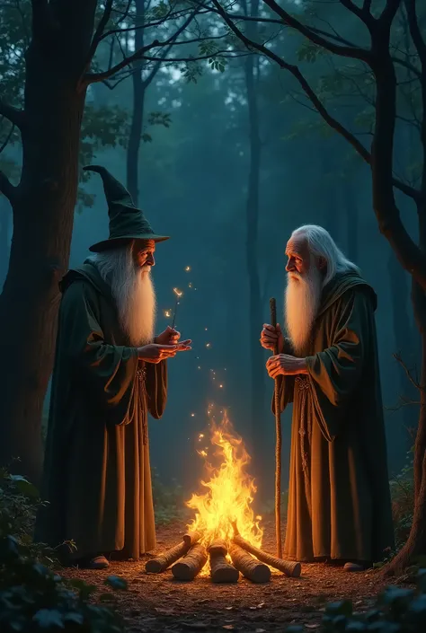 2 wizards talking infront of a fire in the forest 