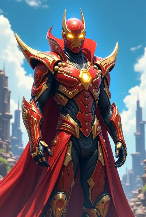 Anime iron face only man wearing intricate Ultron Vision heavy Armor, The armor combines the element of muscular Dr. Strange and Red ultron Vision, Red Golden Spell, magic, the armor must be shinning Red with Gold neon detail in the of sacred magic rune, y...