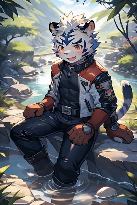 Kogenta (Onmyou Taisenki), Furry 1 White Tiger,Shota,(,Tiger Tail,Prototype White Tiger,Thick eyebrows,Moderately strong body),Wearing a one-piece racing leather jacket( long sleeve leather jacket, Leather Pants ),, Racing Gloves ,Racing Boots (Motorcycle ...