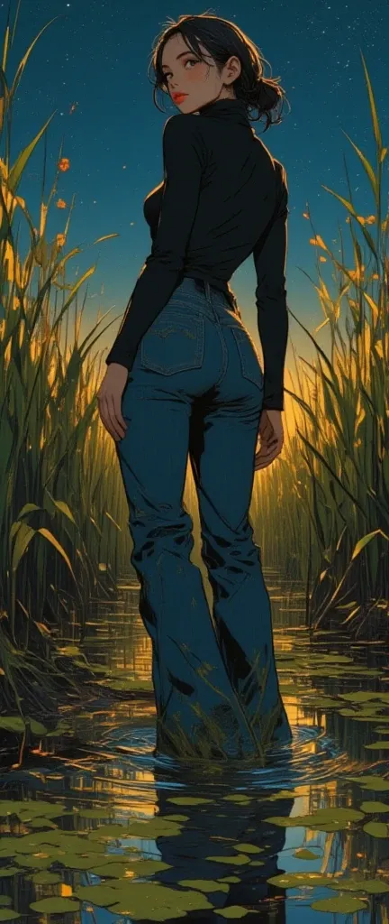 kinky woman, turtlenecks and skinny flared levis jeans ,drowning in mud bog, green brown reeds, duckweed, night, stars sky, red lips, kinky pose, looks back