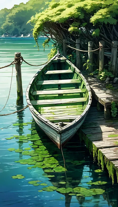     Old wooden pier in summer(mossy vine)Close-up of a small boat parked next to the old rope on the pier(Exquisite details) Calm sea seascape clear bright summer illustration wonderful shadows create tranquil contrast romantic dreamy masterpiece，High reso...