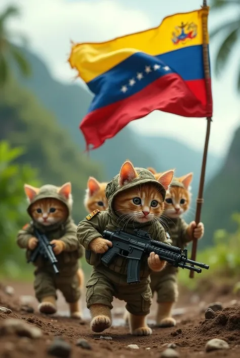 Military kittens liberating Venezuela with the Venezuelan flag 