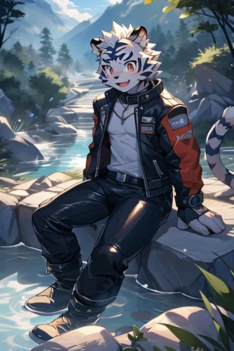 Kogenta (Onmyou Taisenki), Furry 1 White Tiger,Shota,(,Tiger Tail,Prototype White Tiger,Thick eyebrows,Moderately strong body),Wearing a one-piece racing leather jacket( long sleeve leather jacket, Leather Pants ),, Racing Gloves ,Racing Boots (Motorcycle ...