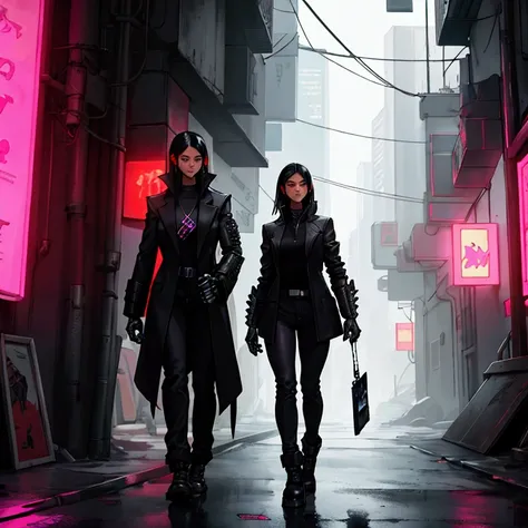 Girl with black hair wearing a black womens overcoat with black pants walking in the cyberpunk city with a metal arm and a cell phone in her hand