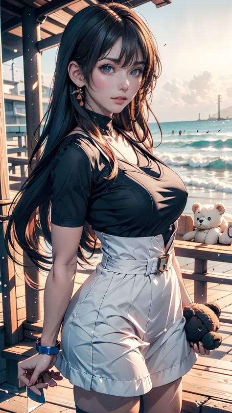 There is a woman holding a teddy bear on the beach,  cute realistic portrait ,  cute anime girl wearing black clothes ,  Anime Visual of a Cute Girl , smooth anime cg art,  Liam Wong of style , portrait of  cute anime girl wearing black clothes , Cute port...