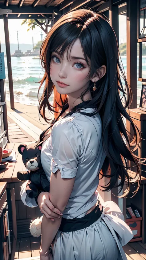 there is a woman holding a teddy bear on the beach,  cute realistic portrait ,  cute anime girl wearing black clothes ,  anime v...