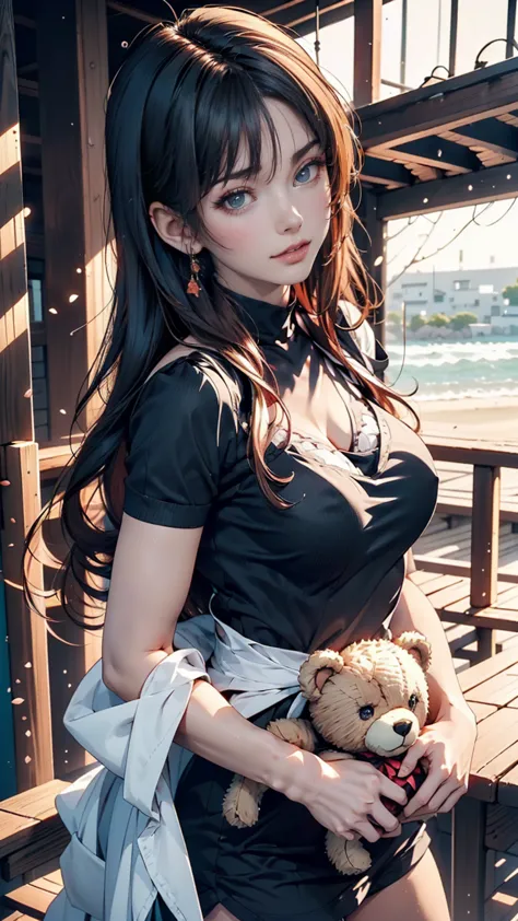 there is a woman holding a teddy bear on the beach,  cute realistic portrait ,  cute anime girl wearing black clothes ,  anime v...