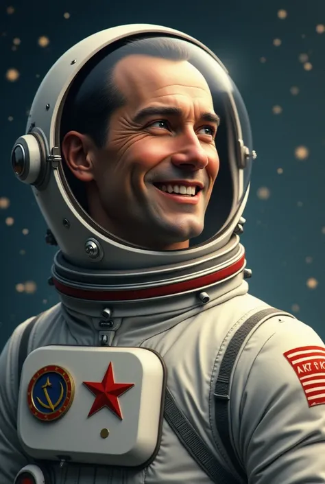 A portrait of Yuri Gagarin in his spacesuit, smiling confidently. The spacesuit has Soviet insignia, and the background is a soft focus of stars, emphasizing his role as the first human in space and a symbol of Soviet pride