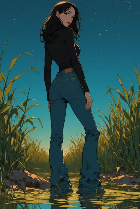 kinky woman, cartoon, turtlenecks and skinny flared levis jeans ,drowning in mud bog, green brown reeds, duckweed, night, stars sky, red lips, kinky pose, looks back