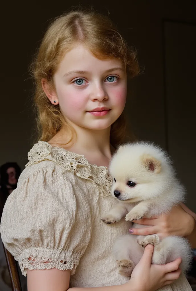 19th century, a young girl of 18 years old, dressed in 19th century fashion, light hair, blue eyes, the girl holds a white fluff...