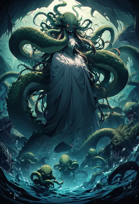 big snake、deep sea,dark、 horrible、Cthulhu、Whole body