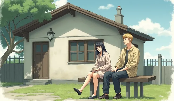 Imagine a beautiful woman with straight black hair wearing a modest drying suit on a bench in front of a simple house, a man with straight blond hair wearing a modest outfit sitting on the sad side . Drawing Format