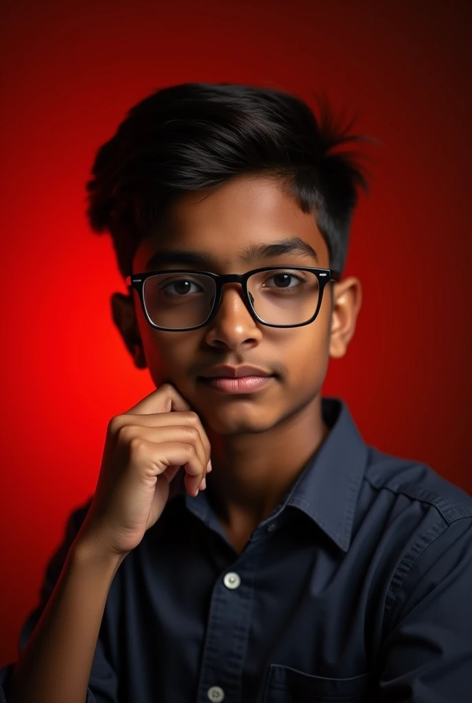  indian boy with fair skin wearing spectacles and narrow body posing for a LinkedIn picture in formals red light in background 