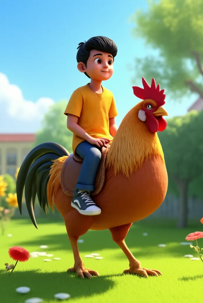 a young indonesian boy aged s, handsome, neat black hair, wearing casual clothes, sneakers, riding a rooster in a garden with gr...