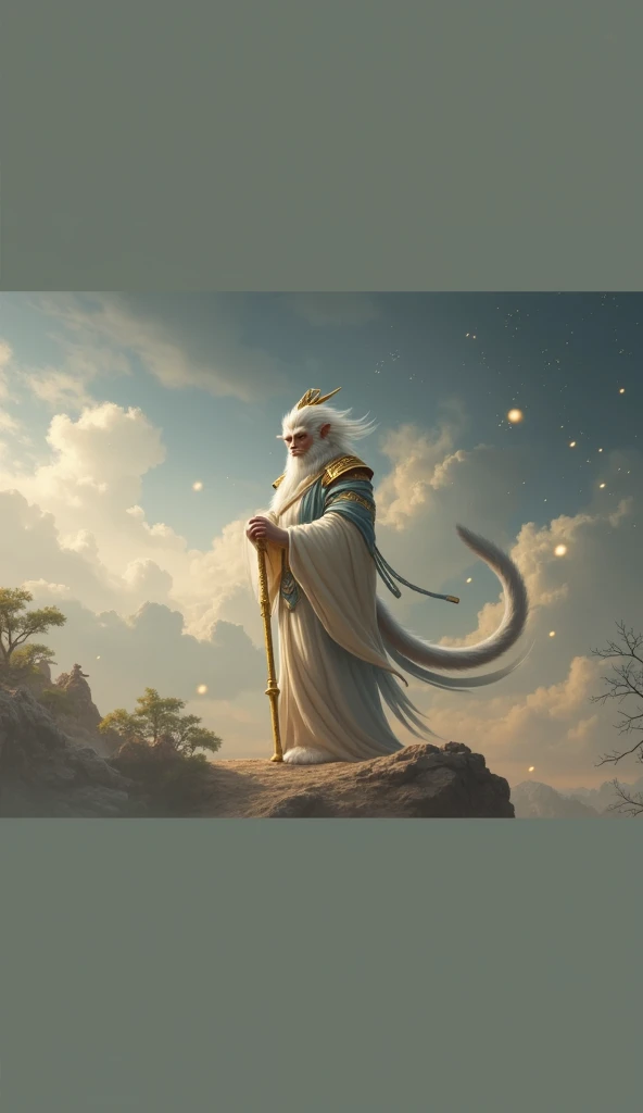 "Sun Wukong, The golden Monkey King from Chinese mythology.  He wears traditional Chinese armor in soft tones ,  with his serene face and focused expression , holding a golden cane in his hands.  His long, thick tail stands out in soft curves . The setting...