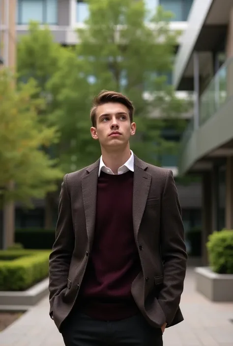 

"A young university student standing confidently on campus. He is wearing a dark brown tailored lapel collar tweed blazer over a crisp white shirt, complemented by a dark maroon  crew-neck knitted sweater. His look is sharp and polished, with an academic...