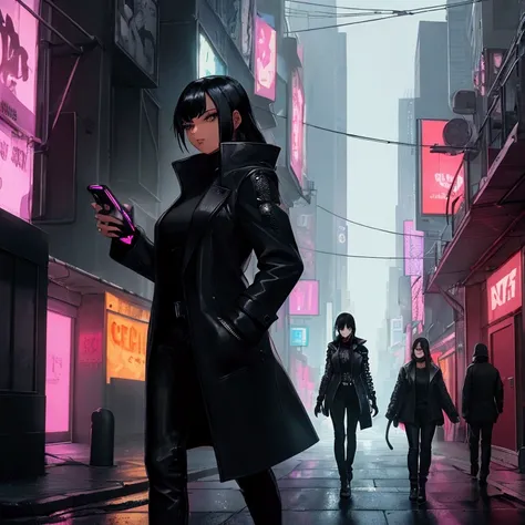 Girl with black hair wearing a black womens overcoat with black pants walking in the cyberpunk city with a metal arm and a cell phone in her hand