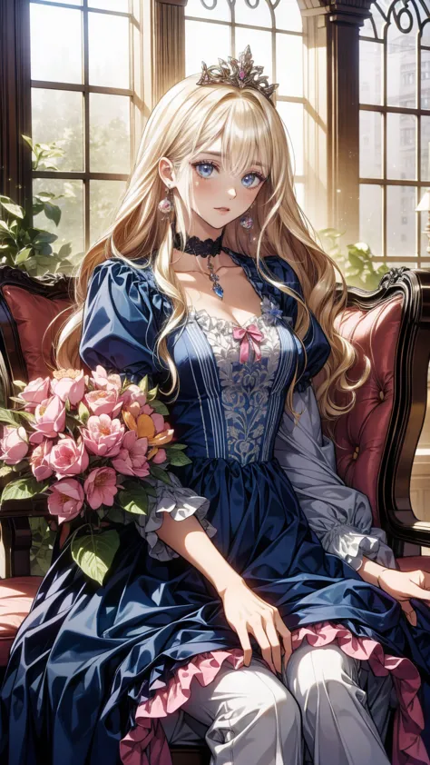 ,  1 girl, difficult,Alone,(8k, Best Quality, masterpiece: 1.2),  Ultra High Definition ,, Marie Antoinette, ultra detailed face ,fine grain, open your mouth slightly ,(blonde),Long Hair, wavy hair in front of the station, break,Rococo Ruffle Dress,Long sleeve dress, The dress has a long skirt , Baroque Dress ,  intricate fantasy dress , Gorgeous glamorous dress,  romantic dress, Costume with frills  ,lottery, Data Style, Formal Wear, Fancy Fashion, palate colors include pink and white,(pink:1.5),Class A Smile,Gold Tiara,  necklace ,Sit in a fancy chair,  hands on needs  ,( rainbow light :1.4),,Profile of a person looking out a window,The rosebush is reflected in the window,(Inside Victoria Palace)、Her eyes are shining、今彼女のblondeの髪は腰まで伸びている、Rose-colored gradation and three, 薄いpinkのロック. 彼女は花柄の装飾が施されたGold Tiaraを着用し、 Matching earrings  , white flower choker. 彼女は金色のボタンで縁取られたフリル付きの白いストライプのpinkのトップを着ている, The white sleeves are in the shape of a bud .. A magenta ribbon runs down her chest..、Tie at the back of the neck、Matching chest piece, Decorated with flowers. Her frilly skirt is divided by a white line, Fastened with a large magenta ribbon、Decorated with gold, There is a small ribbon on the back. Her mini skirt、薄いpinkのマゼンタの貝殻状の裏地と白い花のペチコートでできている. 彼女はpinkの花がついた白い手袋も着用している, 白と薄いpinkの靴には、ゆるいカフとDecorated with flowersたマゼンタのリボンがある.
