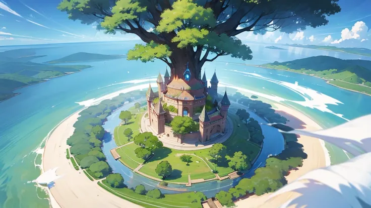 A large island at the center of a huge lake in another world 。 island has a world tree that shines with magic power and large castles and towns full of nature、 is protected by a world tree and a magical spherical barrier for each island 