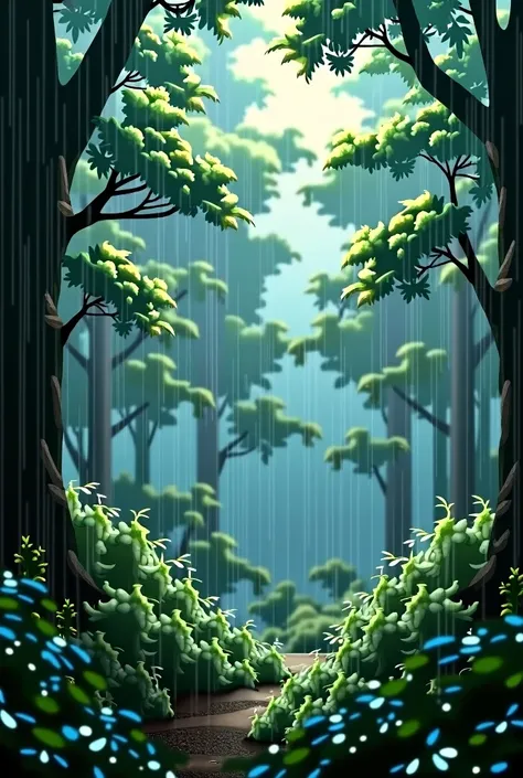 Rain falling quietly in the forest