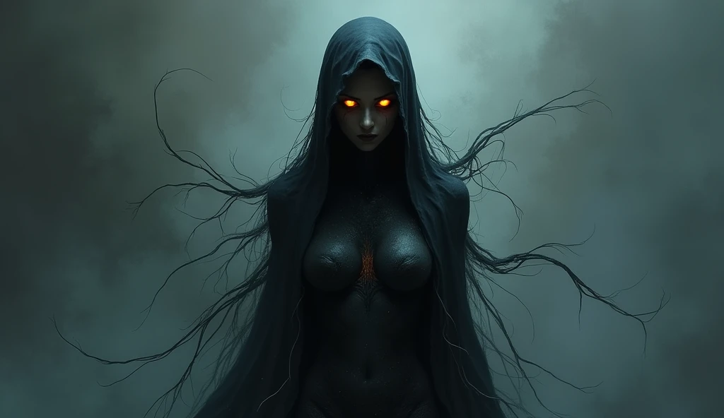 A skinny one,  female figure wrapped in a cloak of liquid darkness , with eyes that shine like embers .  Her body seems to be made of threads of shadows  ,   that stretch and twist like a living spiders web .