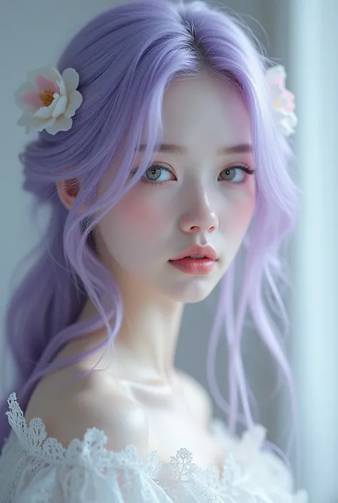 A petite and slim 22 years old girl, with lavender-long hair, silver-gray eyes. Her skin is snow white, smooth and unblemished, like princess.