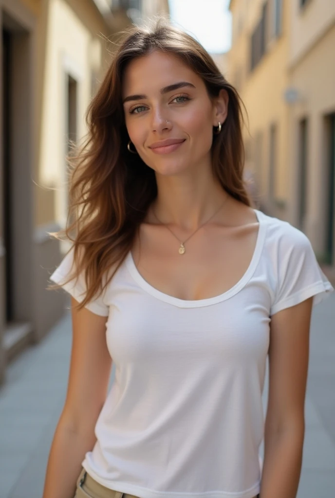  sequence of natural photos of the same 35-year-old woman, beautiful, light skin,  brown hair, thin,  wearing light and slightly transparent clothes , medium breasts, walking the streets of Italy . Dude photo a different outfit .  the last white t-shirt wi...