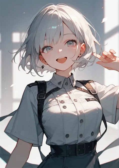 Short Bob in a silver-haired uniform blushes, smile,  open your mouth , 