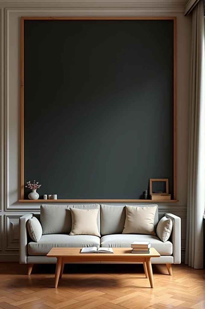 A big black board in front of a wall and behind a sofa in a room. And there is a reading table in frint of the sofa 