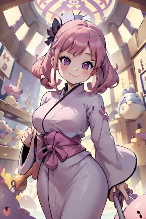 Perfect face. Perfect hands. A pink haired woman with violet eyes with an hourglass figure in a Gothic Kimono is smiling while sweeping in the shrine