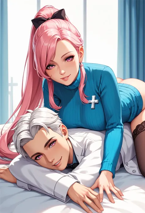 score_9, score_8, score_7, source_  animated, 1mature_FE, only 1 woman, smile,  lying on a stretcher , prone position  , Pink hair,  long ponytail hair , hair black bow ,  bright pink eyes , Apollo blue sweater ,  Long sweater , silver cross, Doctors white...