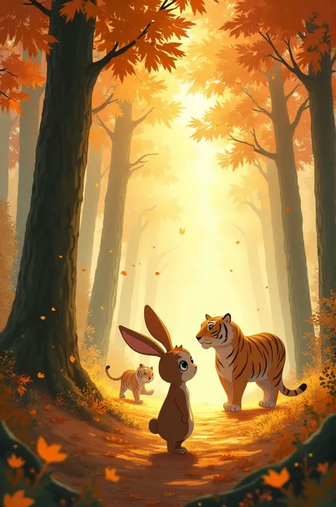 "Rabiya the rabbit with a gentle smile, saying goodbye to the tiger family as they walk away through the trees, with leaves fluttering in the air, symbolizing a bittersweet farewell."