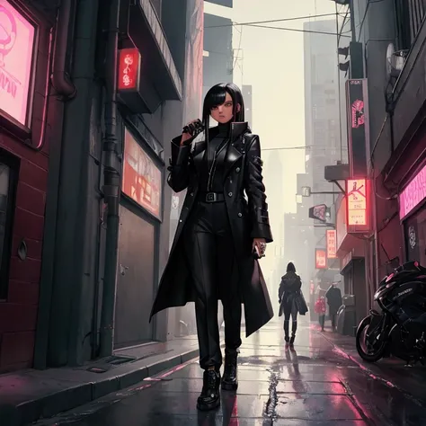 Girl with black hair wearing a black womens overcoat with black pants walking in the cyberpunk city with a metal arm and a cell phone in her hand