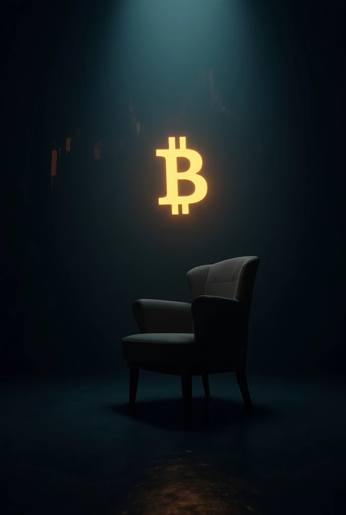 A dark room and in the middle of the room a glowing bitcoin floting on the chair top like floting in the air slowly 4k hd and create a stocks candle down loss symbols on the background 