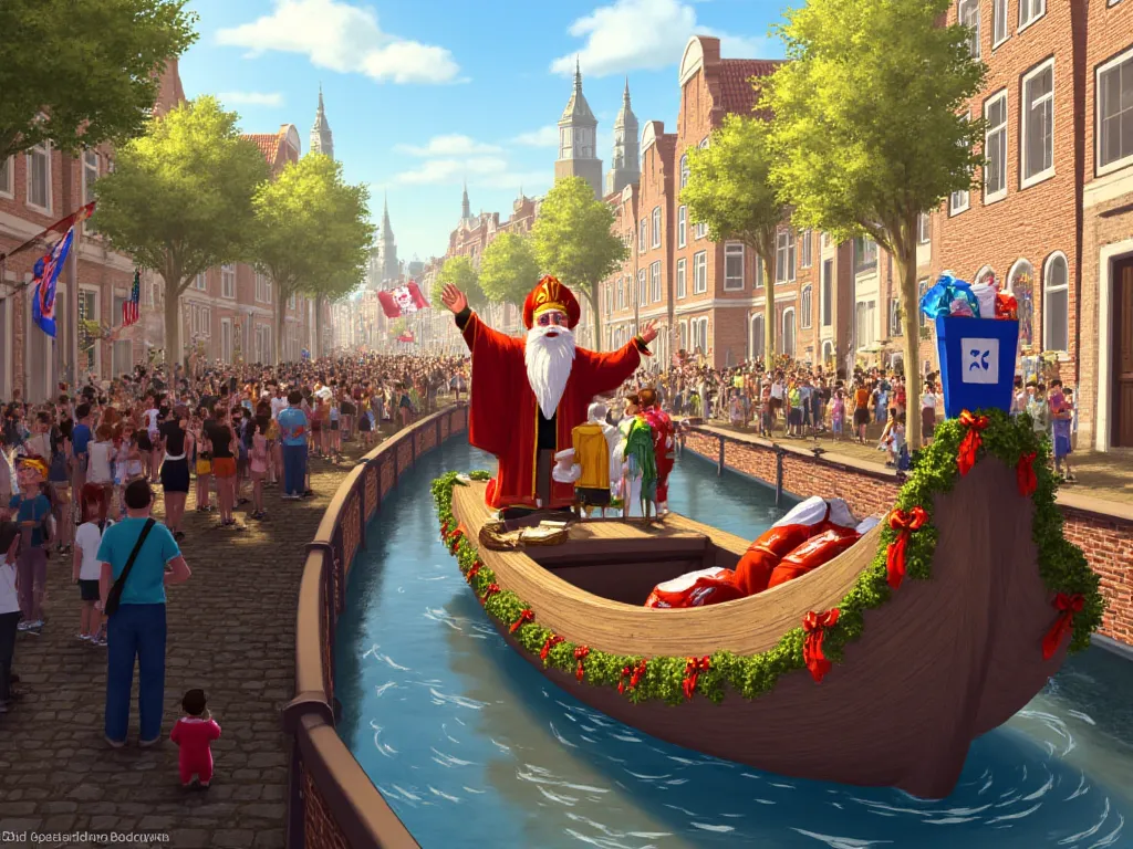 happy dutch sinterklaas arriving on a boat with gifts and school supplies