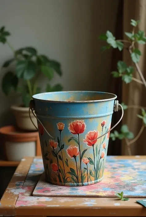 ON THE TABLE STANDS A PAINTED BUCKET 