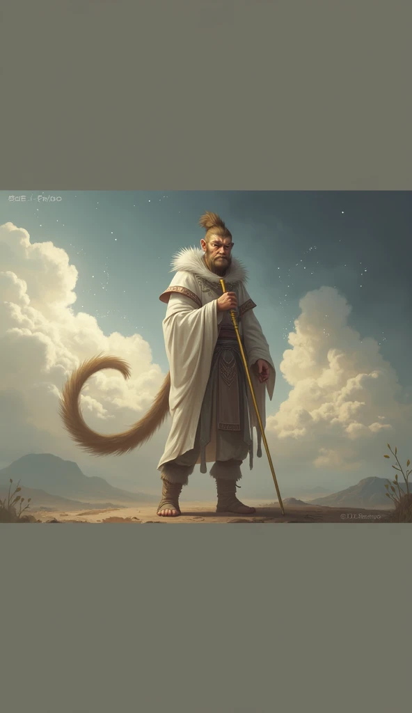 "Sun Wukong, The golden Monkey King from Chinese mythology.  He wears traditional Chinese armor in soft tones ,  with his serene face and focused expression , holding a golden cane in his hands.  His long, thick tail stands out in soft curves . The setting...