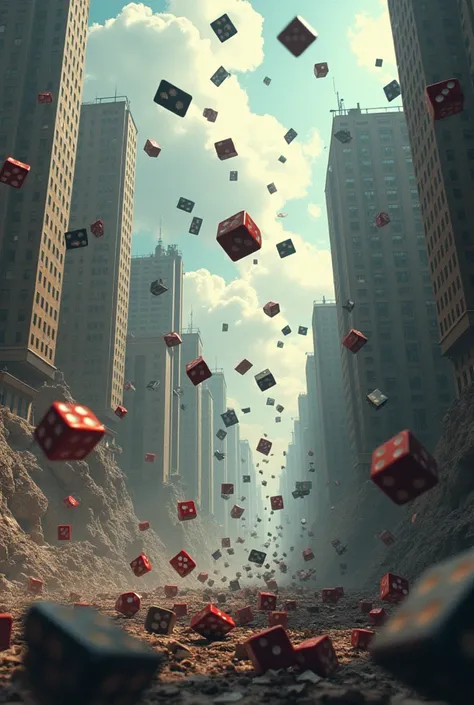  Dice and playing cards falling from the sky while seeing a city shaken by an earthquake. In the background it reads ..  what is the probability of this ?