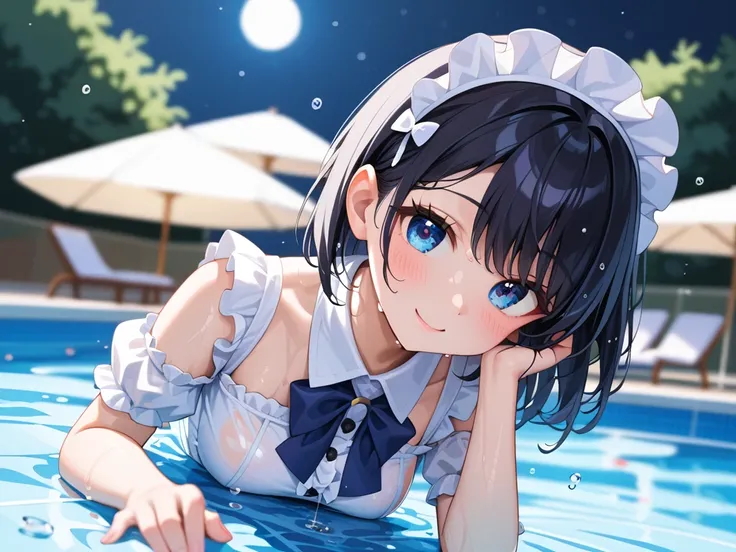 (Best quality), ((Dark night)), (Outdoor pool), ((Large many raindrops)), (((Many water droplets floating)), ((Heavy rain)), Alone, (((Full fingers))), ((Weak light from the front)), ((High school girl sitting by the pool)), (Raindrops dripping from her ve...