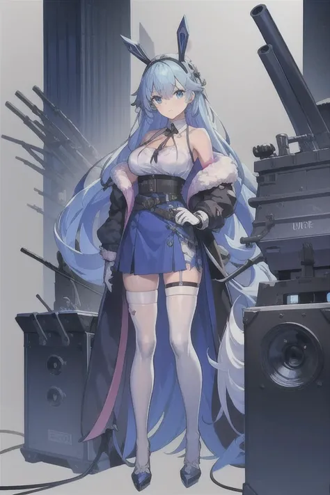 USS Guam (warship girls r),((Best quality))), ((Best quality))), ((Ultra-detailed)), ((illustration)), ((Disheveled hair)), ((frilld)), (1 girl), (Solo),1girl, bangs, bare shoulders, belt, black gloves, blue ribbon, blue skirt, blush, breasts, cleavage, cr...