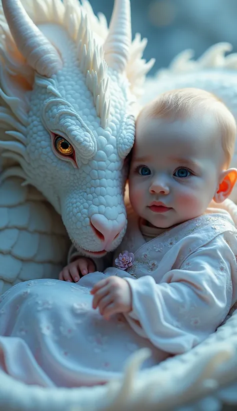 A photorealistic image of close-up scene featuring a gentle, mystical white dragon nestled closely beside a serene goddess with beautiful eyes, creating an air of deep mystery. The white dragon has soft, shimmering scales that catch the light, leaning affe...